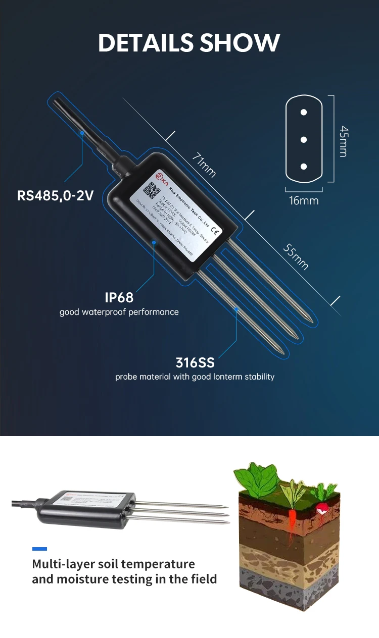 RIKA RK520-01 Factory Price FDR Soil Temperature Moisture Testing Probe Sensor for Garden/Farm/Greenhouse