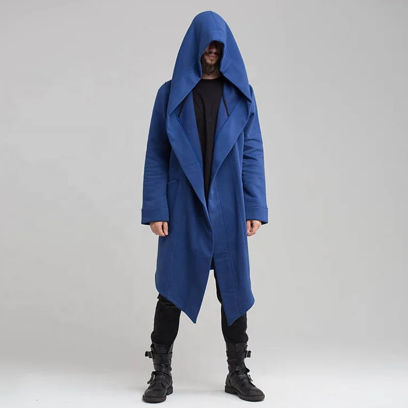 Mens Long Coats Fleece Hooded Cardigan Steampunk Cloak Hoodie Gothic Drape Cape Punk Jacket Autumn Clothes Frock Coat