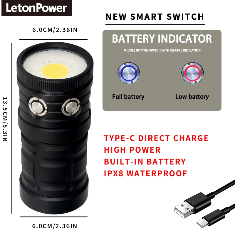 10000 Lumen Diving Light Type-C rechargeable diving flashlight Suitable for underwater diving adventures