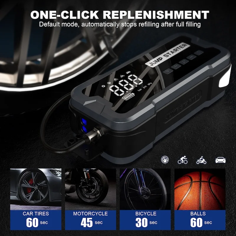 Portable  super capacitor jumper battery pack car booster lithium power bank jump starter with air compressor