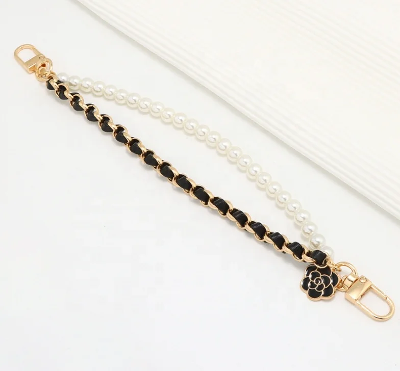 New Mobile phone lanyard leather chain mobile phone case accessories pearl chain metal hand-held chain pendant customization