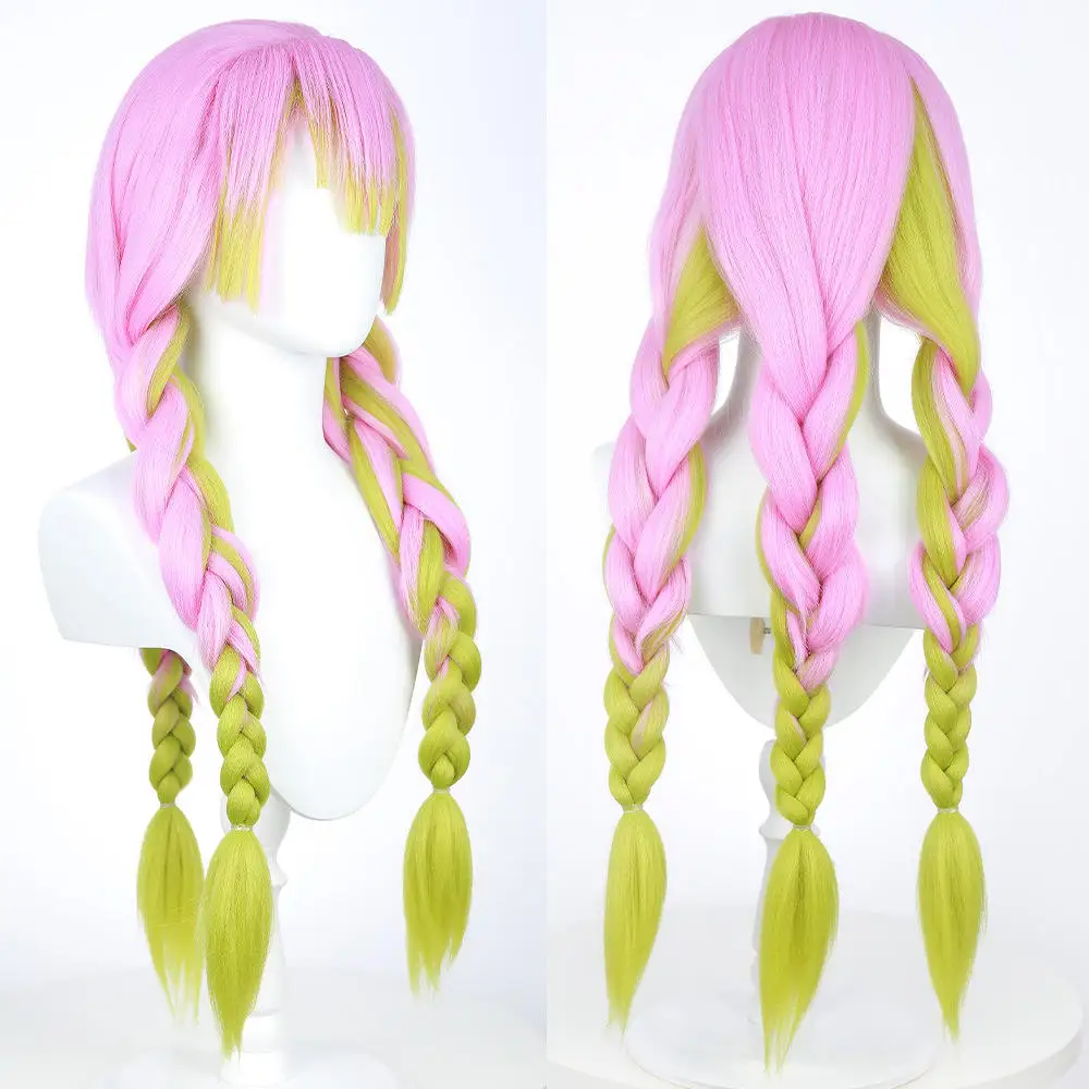 Wholesale Demon Slayer Kanroji Mitsuri Wig Cosplay Long Pink Green Mixed Synthetic Anime Hair Wig With Braids