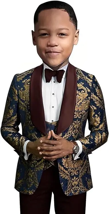 Luxury Boys Suits Set Shawl Lapel Tuxedo For Groom Tailored 3 Pieces Floral Wedding Suit Baroque Tuxedo Suite For Children