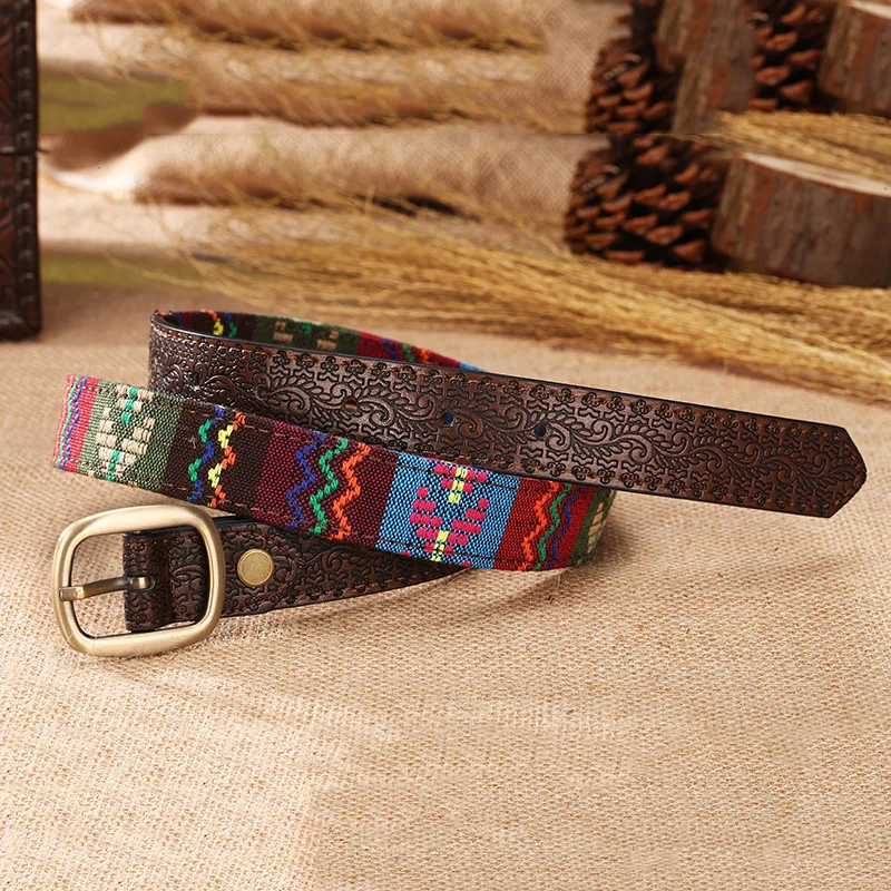 Whosales Cheap OEM Decorative High Quality Handwork Custom Designs Lady Jean Knitted PU Leather Embroidery Belts