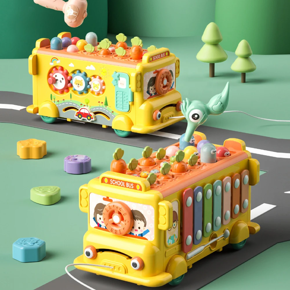6 in 1 Montessori Musical Puzzle School Bus Toy  Multifunctional Hammering Pounding Toy With Music Pulling Shape Sorting Bus Car
