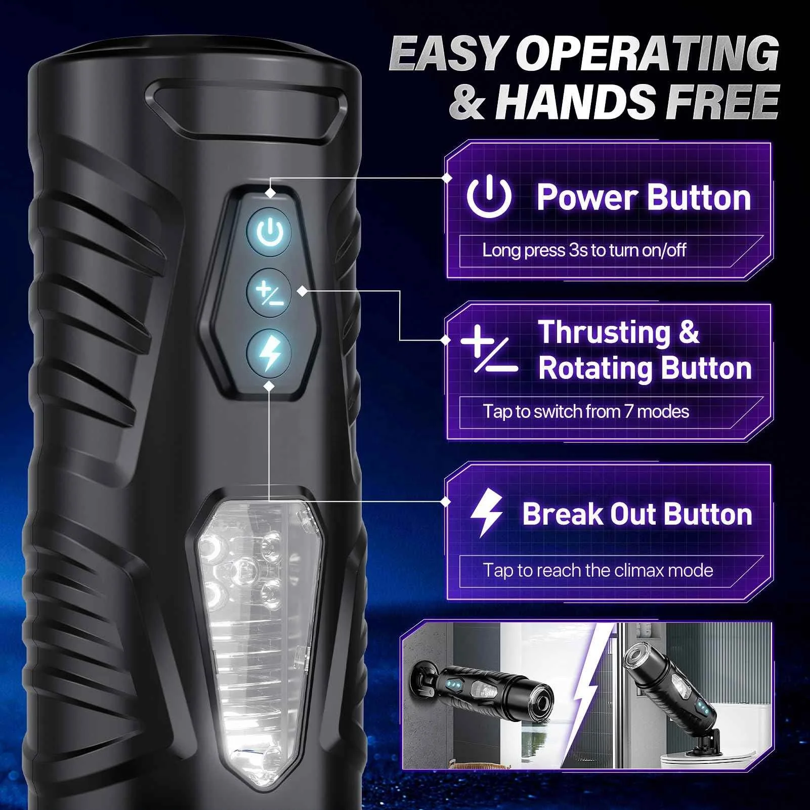 Girlspower Fleshlight Masturbator Custom Penis Stimulation 7-Frequency Black with Strong Suction Cup Base 3D Masturbator