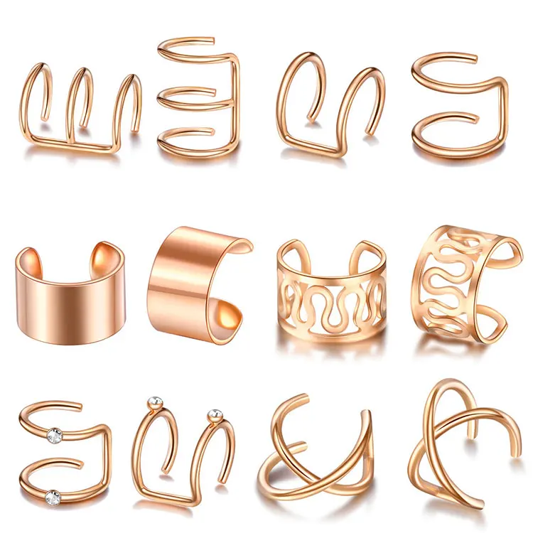 Simple Non Piercing Twisted Cartilage Earrings Hip Hop Gold U Shaped Ear Cuff Earrings Punk 12pcs Diamond Clip on Earrings Set