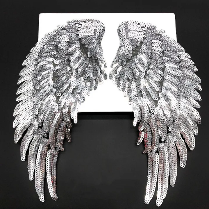 hot sale angel wings sequin embroidery patch with black gold silver colors