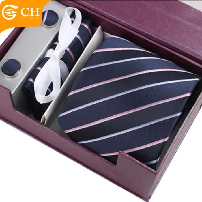 Custom Men Striped  Polyester Tie And Pocket Square Gift Box Set Necktie