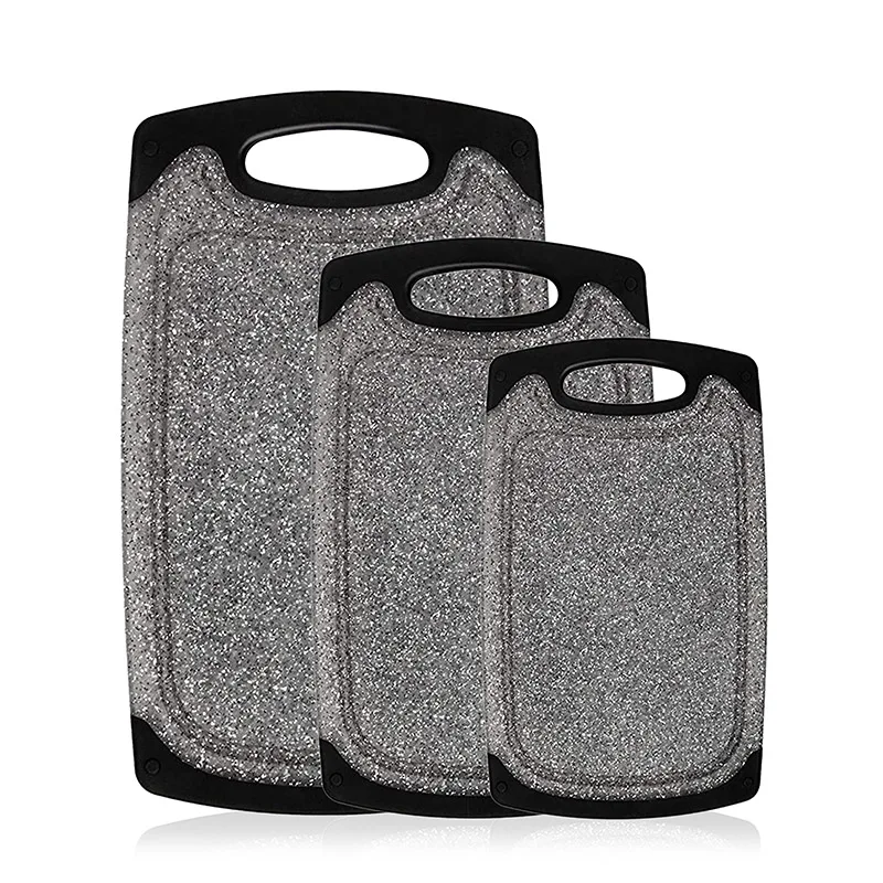 Gray Marble 3 Sizes Plastic Chopping Block Non Slip Handle Cutting Board Set With Juice Groove