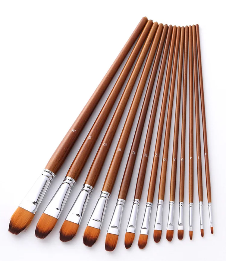13 Pcs Nylon Hair Wood Long Handle Detail Paint Brush Paint Artist Round Filbert Flat Painting Brushes Set for Watercolor