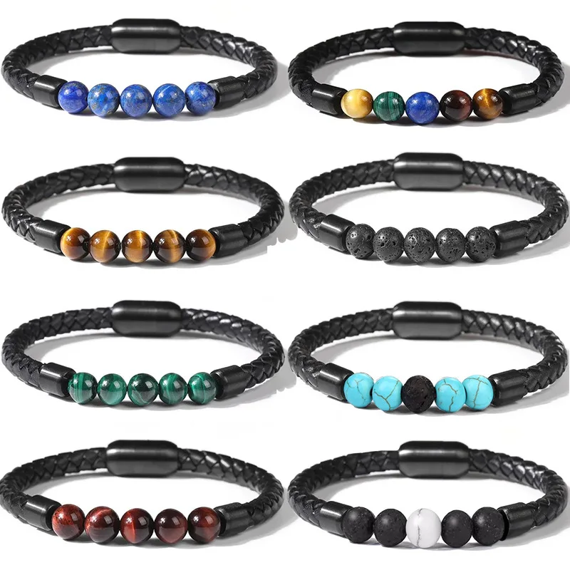 Wholesale Price Unisex 8mm Multi color Tiger Eye String Bead Stainless Steel Magnetic Buckle Rope Natural Stone Stretch Bracelet