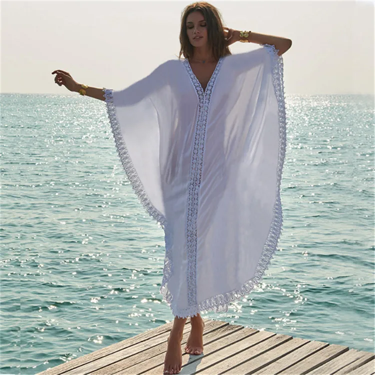 C3539 Women Casual Cover Ups Summer White Tunic Beach Kaftans Wholesale India