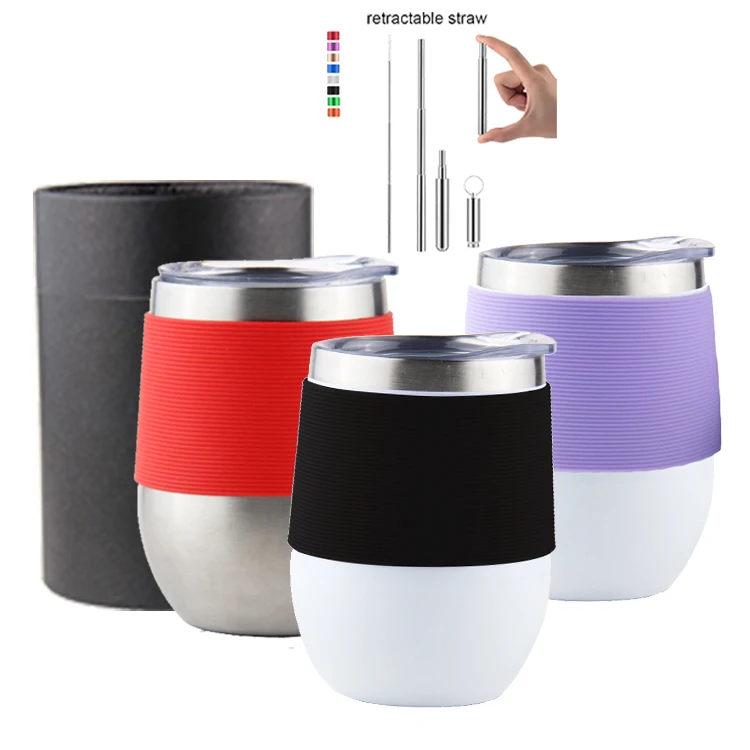 12oz Glitter Insulated Stainless Steel Wine Tumbler Set With Lid, Double Wall Travel Coffee Mug With Silicone Sleeve Rubber Grip