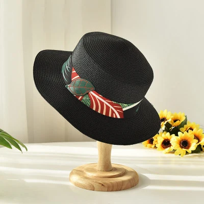 Fashion Summer Casual Outdoor Party Beach Sunshade Leaf Print Ribbon Stripe Sun Hat Flat Top Straw Boater Hats for Men Women