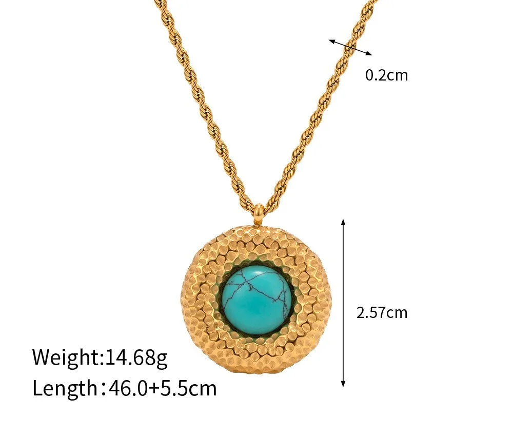 Vershal VSB231 Fine Natural Waterproof Luxury Stainless Steel Vortex Texture Opal Turquoise Pearl Circle Pendant Necklace