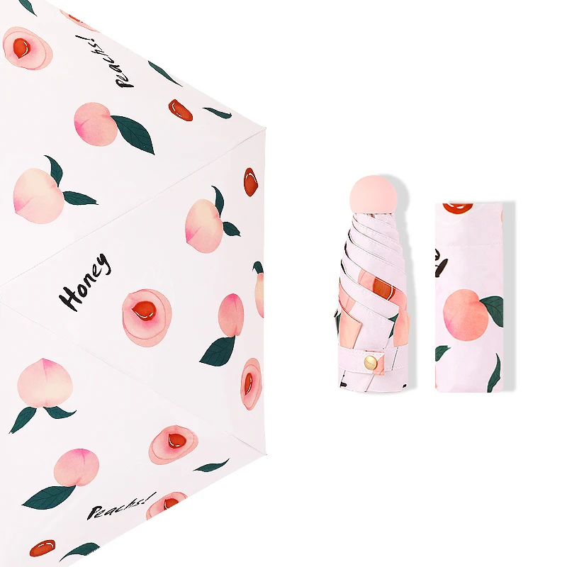 All-in-one 5 Folding Mini Pocket Capsule  Umbrella UV protection Pongee black coating  with Fruit Printing foldable umbrella