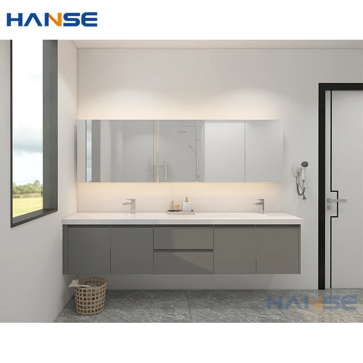 Luxury wall mounted floating mdf wooden panel bathroom vanity cabinet design with waterproof led mirror and ceramic sink basin