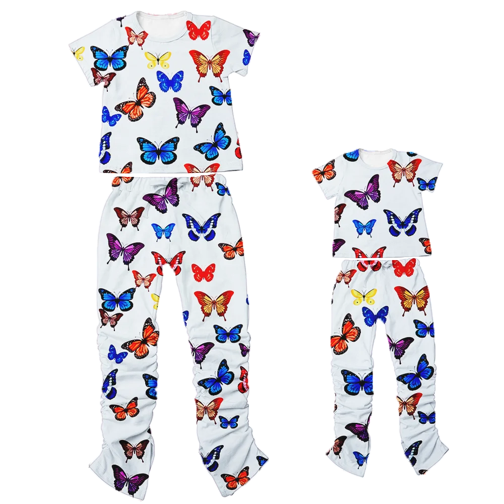 
2020 Hot Sale Fall Clothing for Women Tie Dye Baby Girls Sweatpants Set 2 pcs Kids Stacked Pants Mommy and Me Outfits 