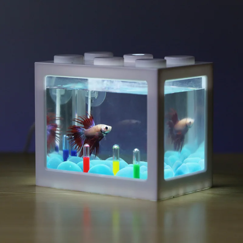 Mini Aquarium Betta Fish Tank Transparent with USB LED Lighting Small Aquarium Office Box Packaging Plastic Table Plastic Gift