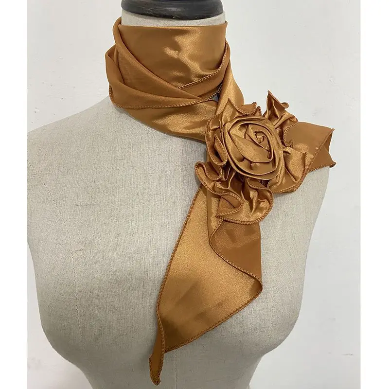 HZM-60926 Big Rose Long Neckerchief  for Women Girls Y2K Satin Floral Scarf Necktie for Costume Party Wedding Cosplay Accessory