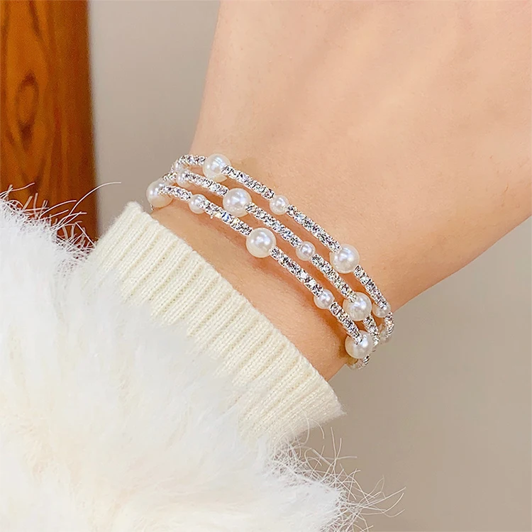 New Style rhinestone bangle for lady  Diamond-studded multi-layer winding   Double pearl bracelet