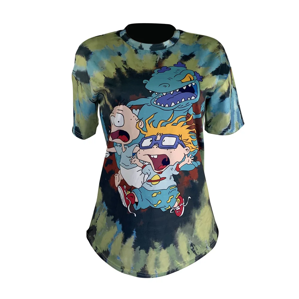 
Street Style Women Fashion Anime Print Green T-shirt Short Sleeves Casual Loose Blouse Top for Girls Students Cool T-Shirt 