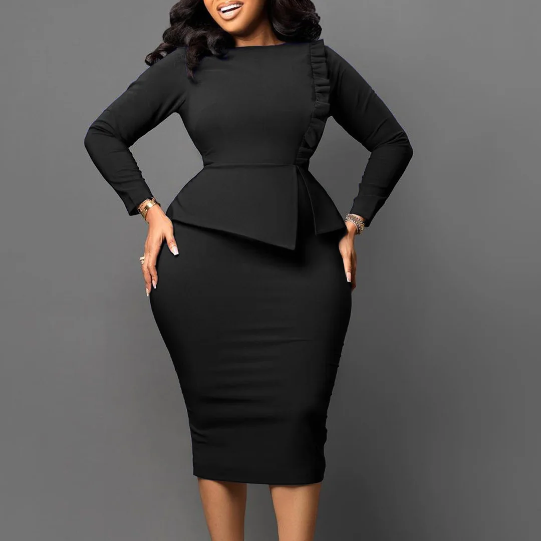 Spring Autumn New Fashion Women Dress Long Sleeve O-neck Slim Vestidos Office Lady A-line Pencil Dress