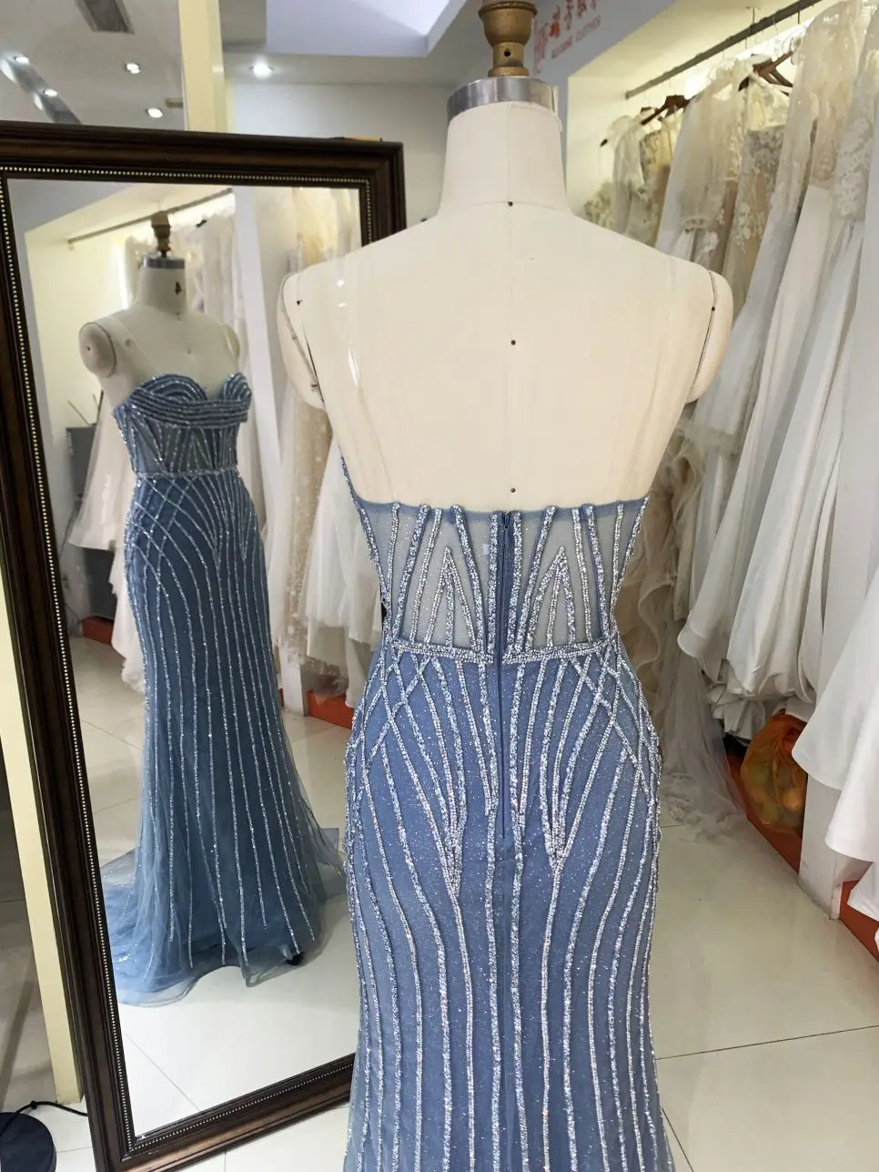 2025 smoky blue mauve black champagne Strapless mermaid hand pleated corset crystal embellished sparkling formal prom gala dress