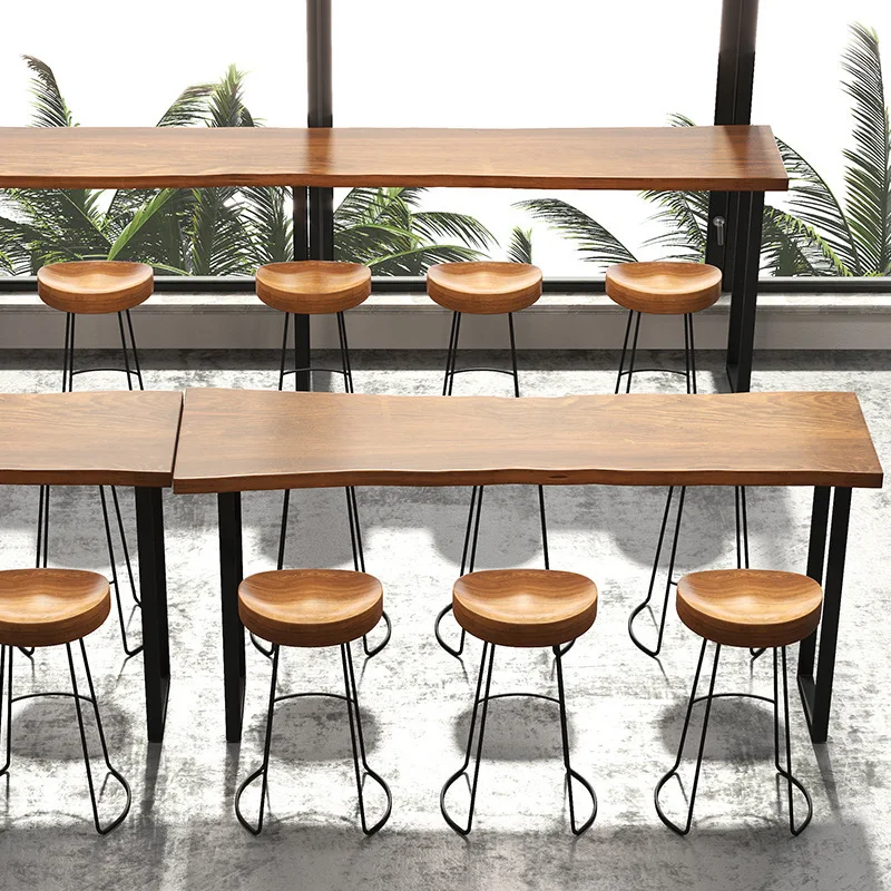 Hot selling commercial used restaurant furniture wooden chair metal leg high bar chair with wavy edge table