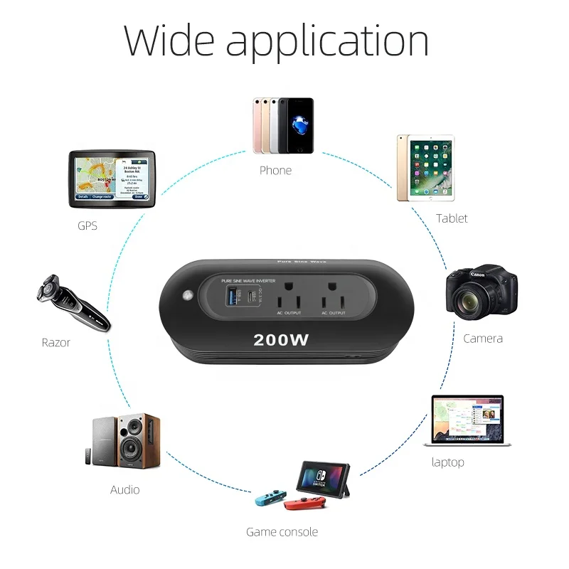 Mini Portable Car Power Inverter vehicle mounted intelligent Lithium battery car inverter 12V to 110V 200W sine wave inverter