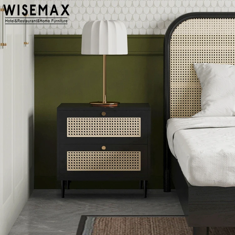 Мебель WISEMAX лидер продаж популярная тумбочка боковой столик из натурального дерева с ротанговым декором прикроватный двумя выдвижными