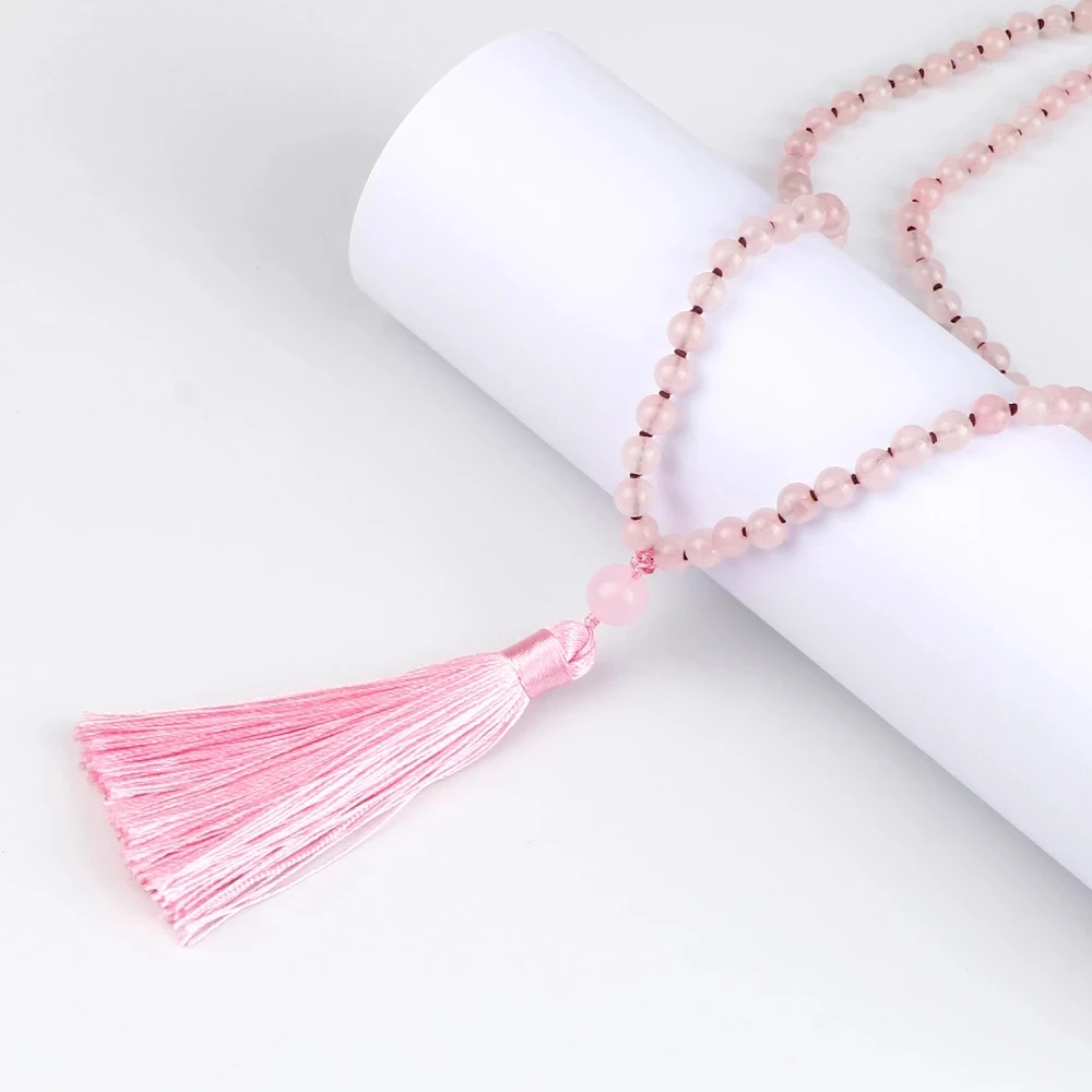 Pink Quartz 108 Prayer Beads Necklace Women Crystal Tassel Knotted Long Mala Necklaces
