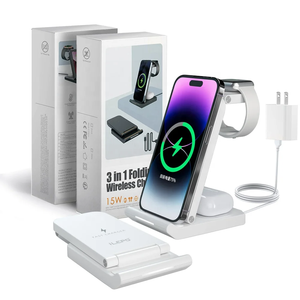Qi/CE/FCC/ROHS RCD Certified 15W ilepo iw10 Fast Charging Holder Stand Portable foldable 3 in 1 Multifunction Wireless Charger