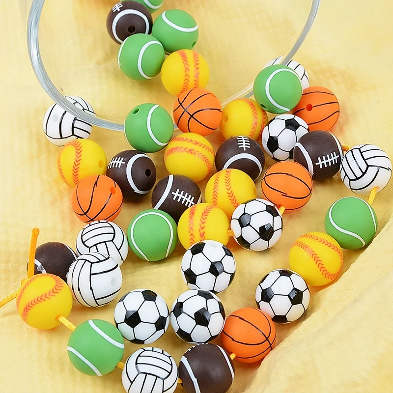Hot Fashion Sport Style 100% Food Grade Silicone Chewable Necklace Teether Silicone Tennis Volleyball Soccer Teething Bead