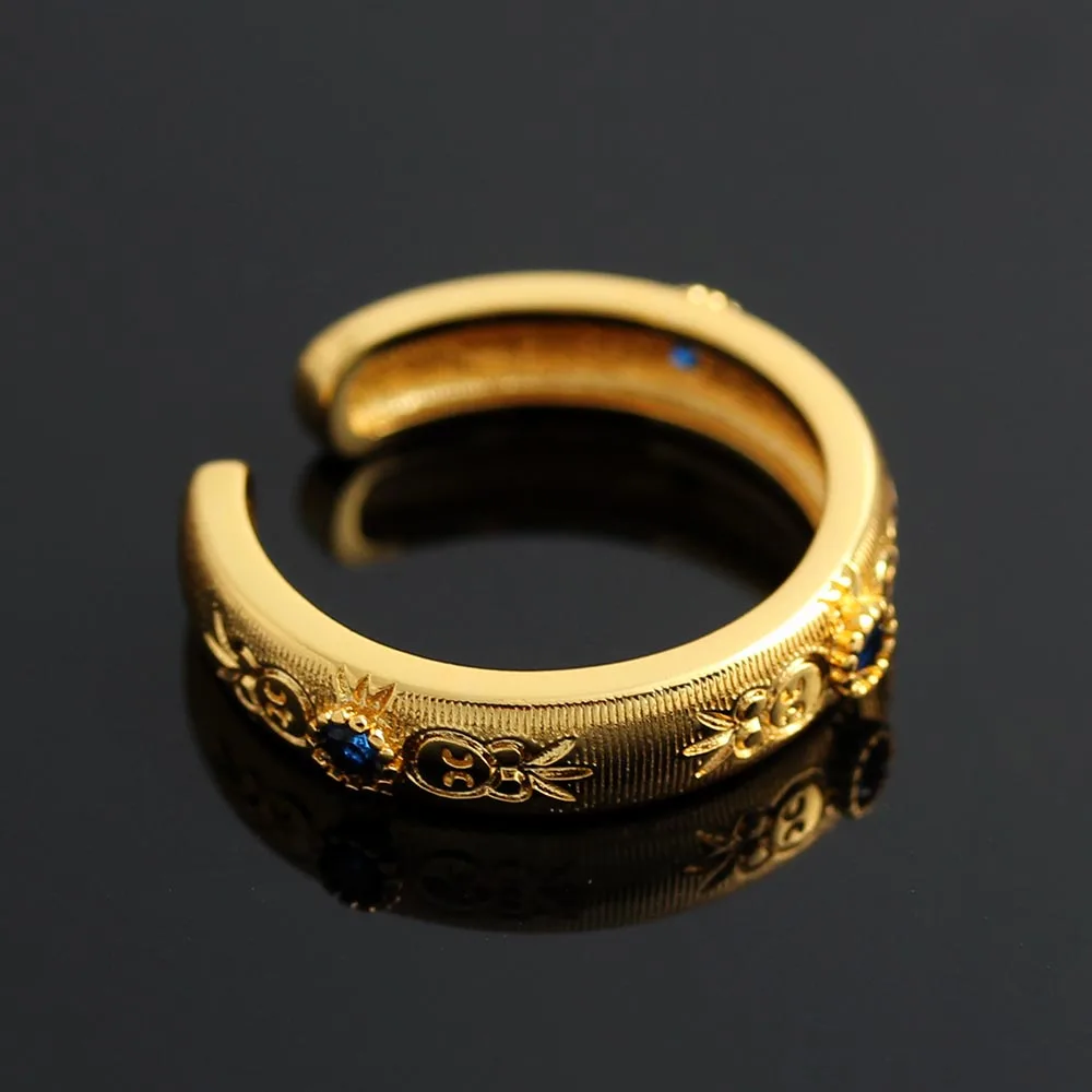 Palace Medieval Carved Brushed Inlaid Small Round Diamond Adjustable Women Ring
