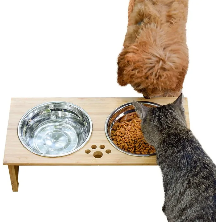 Raised Pet Bowls for Cats and Dogs, Bamboo Elevated Dog Cat Food Bowls Stand Feeder with 2 Stainless Steel Bowls