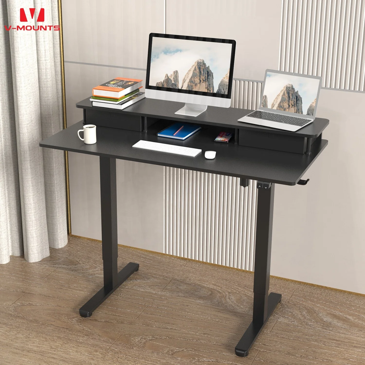V-mounts adjustable wooden desk for commercial use with Desktop double drawers and threading hole VM-JSD5-01-2P-S