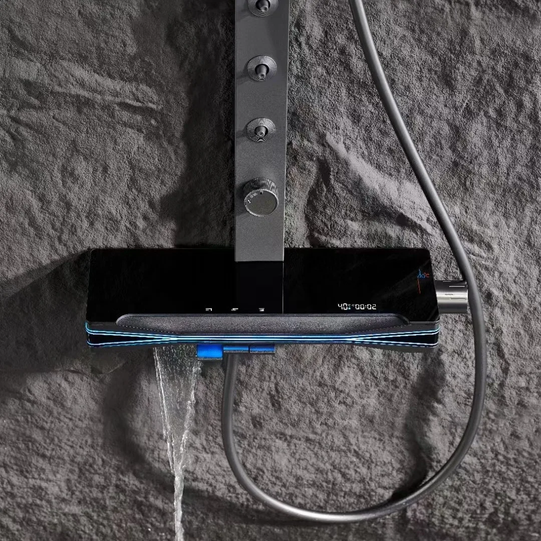 Tiktok Trend Piano Key Glass Plane LED Ambient Light Shower Set 3-Function Smart Thermostatic Lumbar Spray Shower System