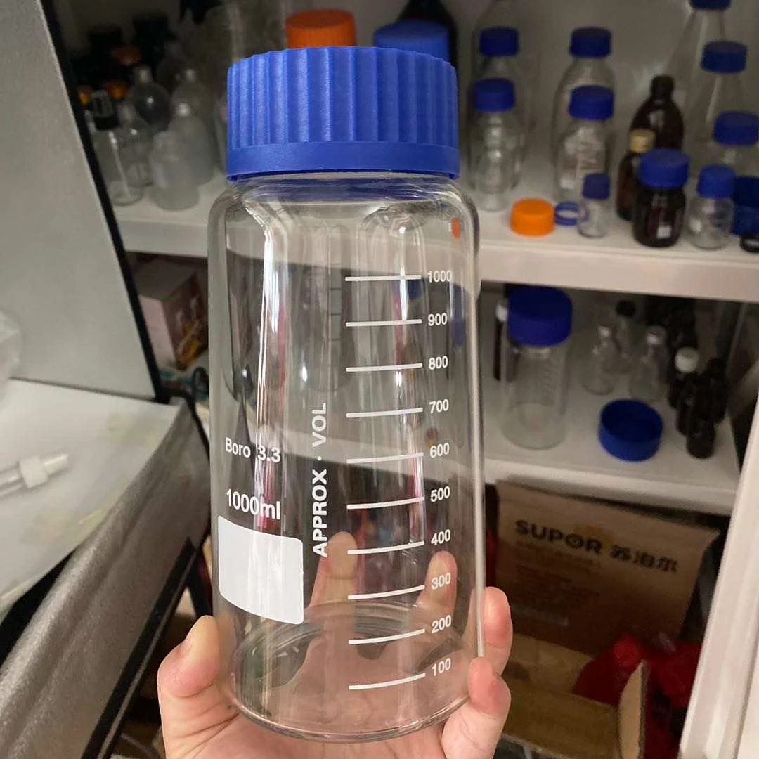 Laboratory Wide Mouth Reagent  1000ml Borosilicate Glass Media Storage Bottle Jars With Blue Screw Cap 1 Liter