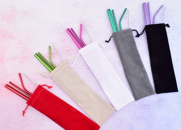 Stainless Steel Drinking Straws set of 4 Food Grade Reusable straws and cleaner brush with pouch