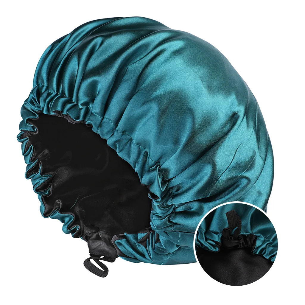 2024 New Reversible Sateen Sleeping Hat Women Fashion Elastic Hairdressing Cap Adjustable Buttons Solid Color Satin Shower Cap