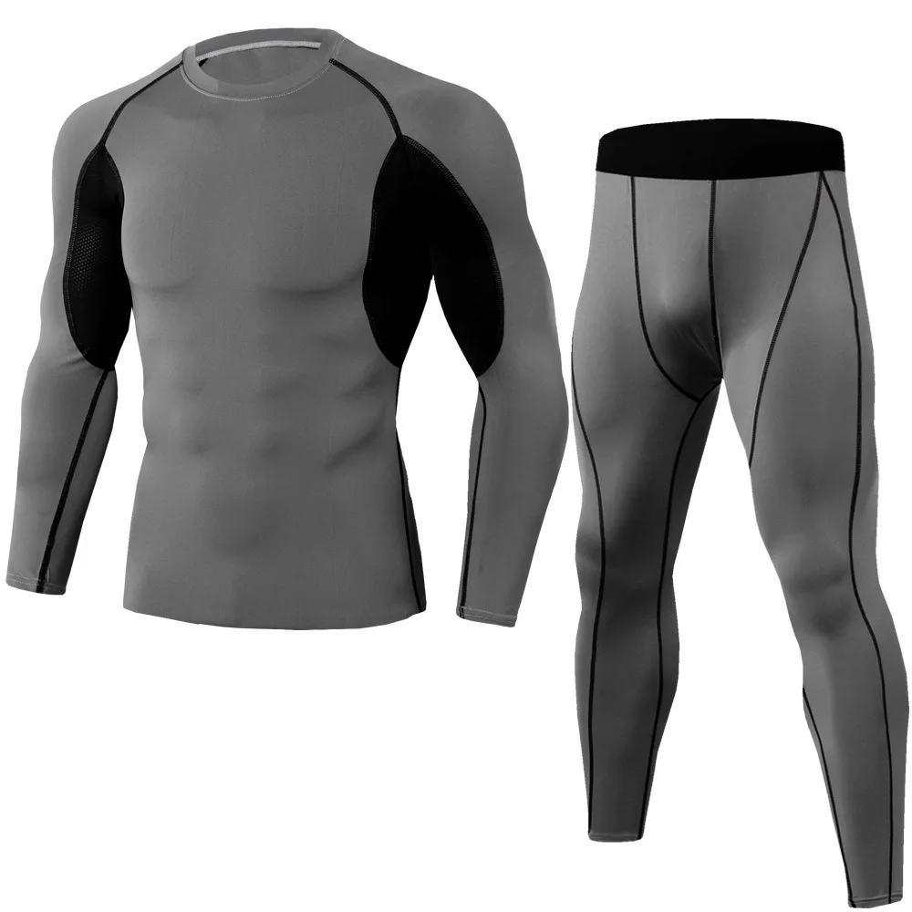 Training Bodybuilding Sport 2 Piece Pants Compression Pants Long-Sleeve T-Shirt Compression Short Tights Men Set
