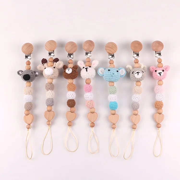 Factory direct personalized cotton thread wooden knit animals pacifier clip pacifier chain for newborn baby