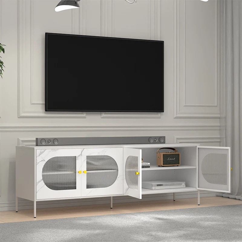 Steel TV Stand Living Room TV Cabinet Printed Metal Cupboard Sideboard Cabinet with Adjustable Shelf and 4 Door