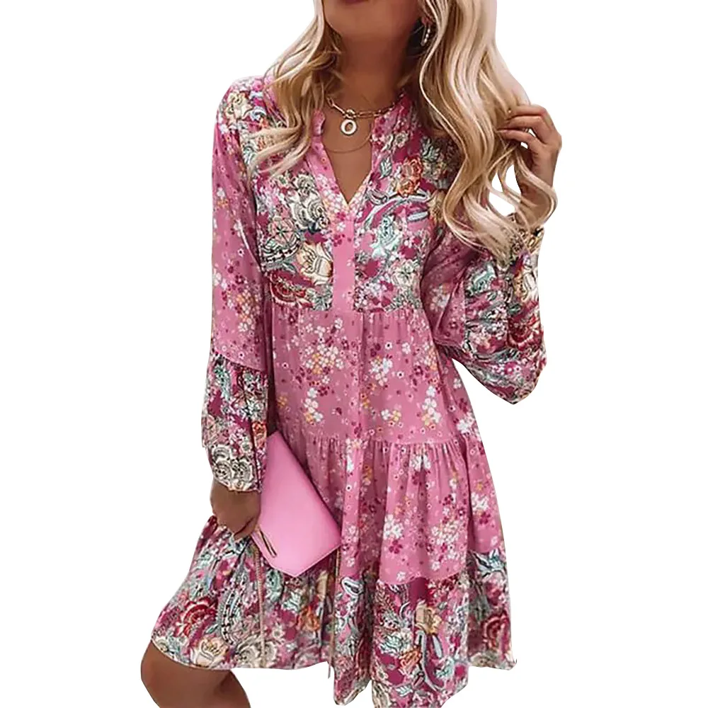 2023 new hot selling spring and summer V-neck floral stitching printed skirt cropped sleeve layered mini dress