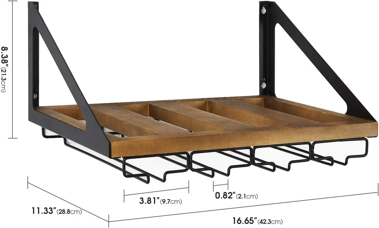 202404  Rustic Wood Wall Mount Wine Rack with 4 Metal Wire Glass Holder Home Kitchen decor Wine storage Rack