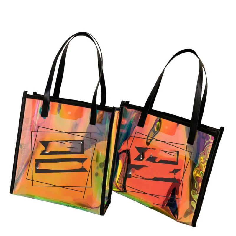 Custom Logo Rainbow Transparent Laser Tote Bag Waterproof PVC Ladies Tote Bag Shopping Bag