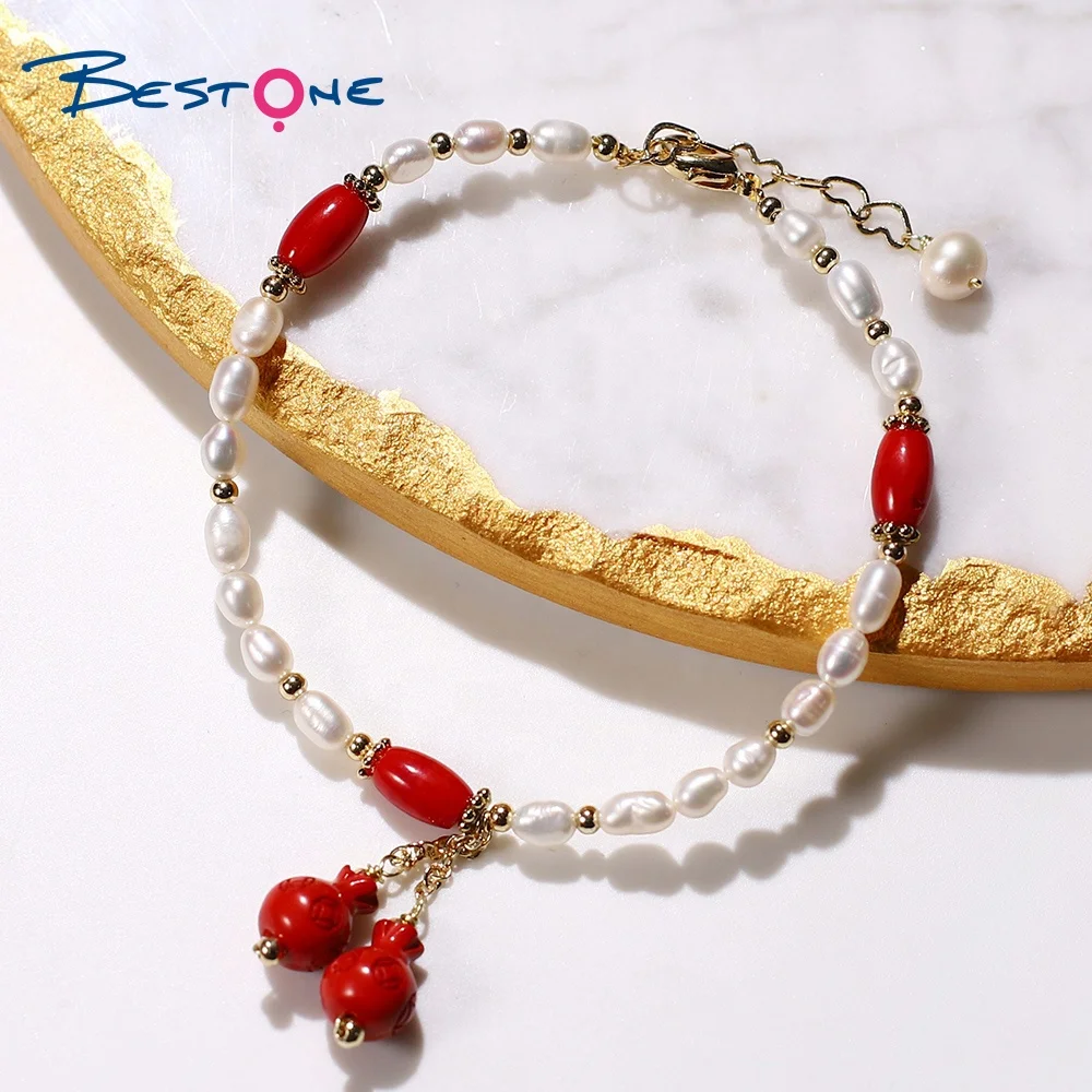 Bestone Red Sea Bamboo Beads Natural Fresh Water Pearl Bracelet with Cinnabar Lucky Bag Charm Stone