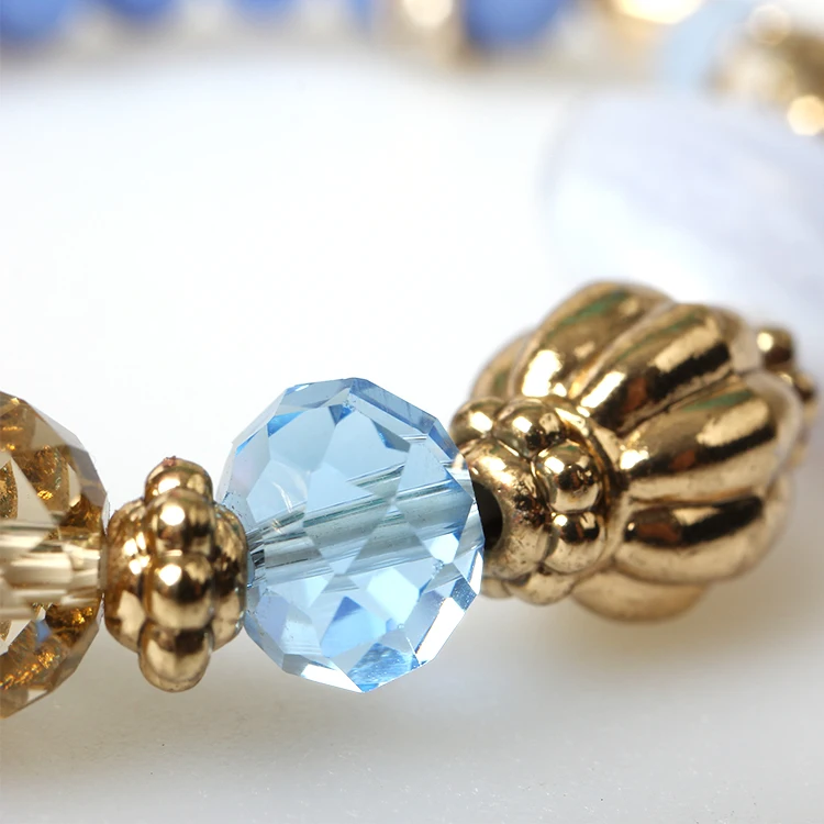 V&R Qingdao Jewelry Half Coating Matte Gold 18k Gold Plated Mix Opal Blue Faceted Bead Faceted Stripe Stone Stretch Bracelet
